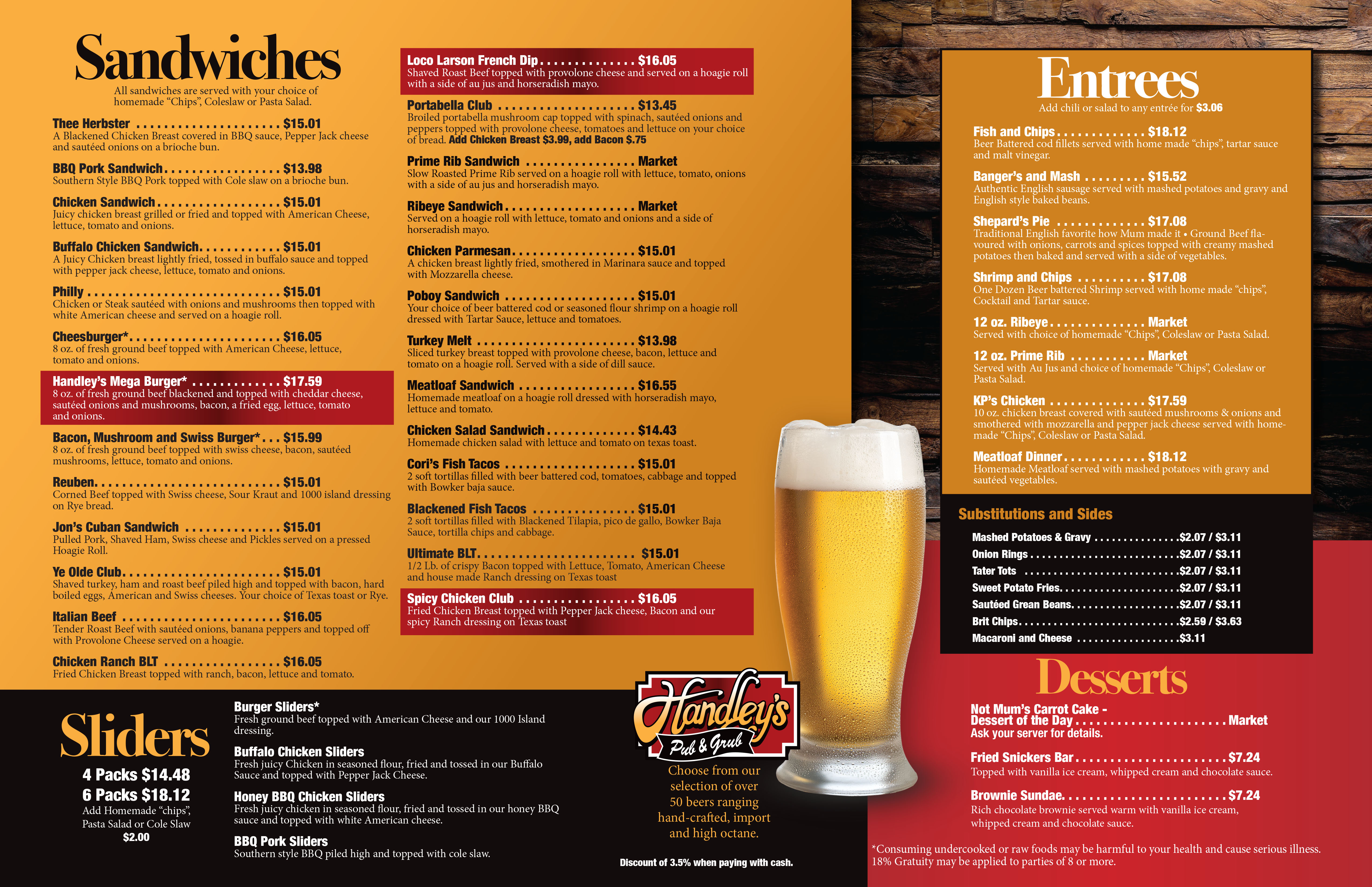 Handley's Pub and Grub Menu Back
